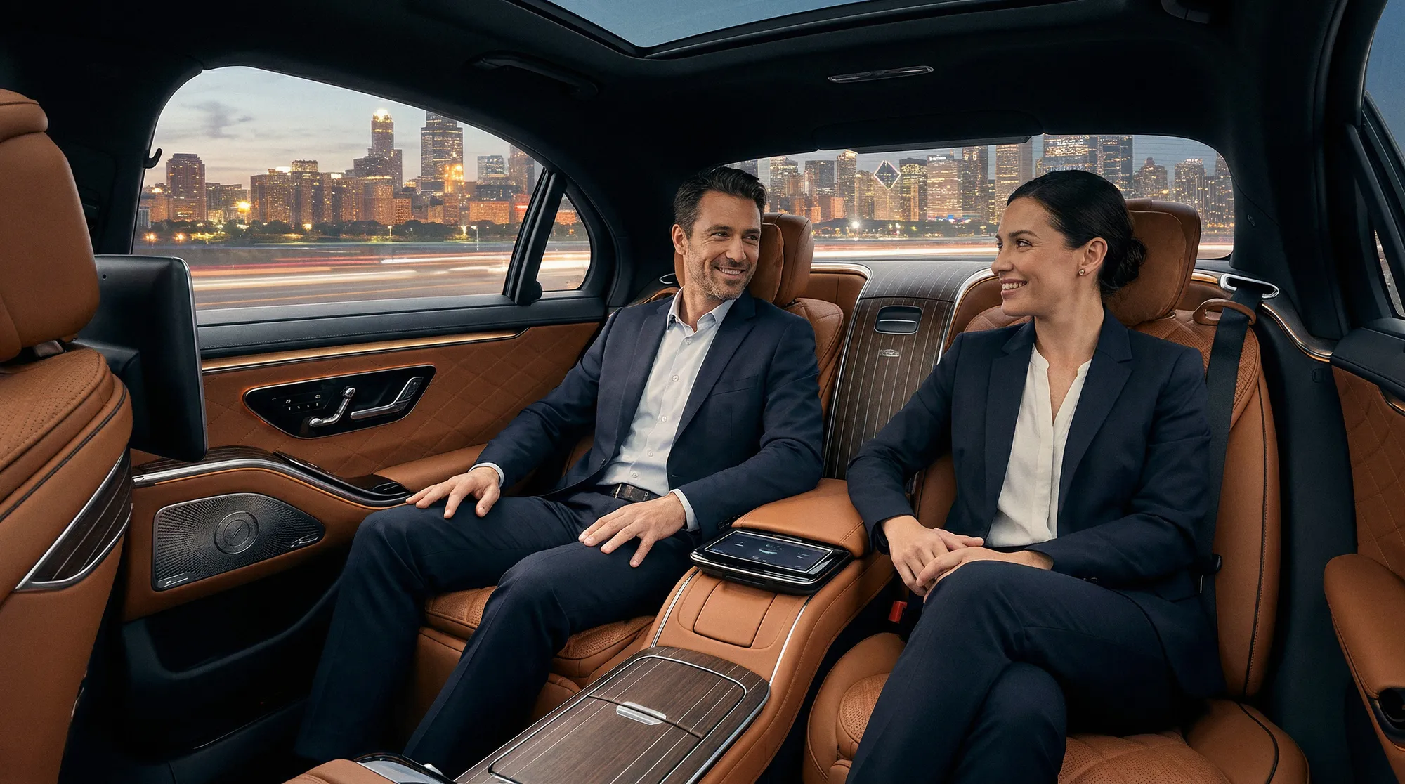Two smiling business colleagues in the rear cabin of a chauffeur-driven Mercedes S-Class as the city skyline glows at dusk