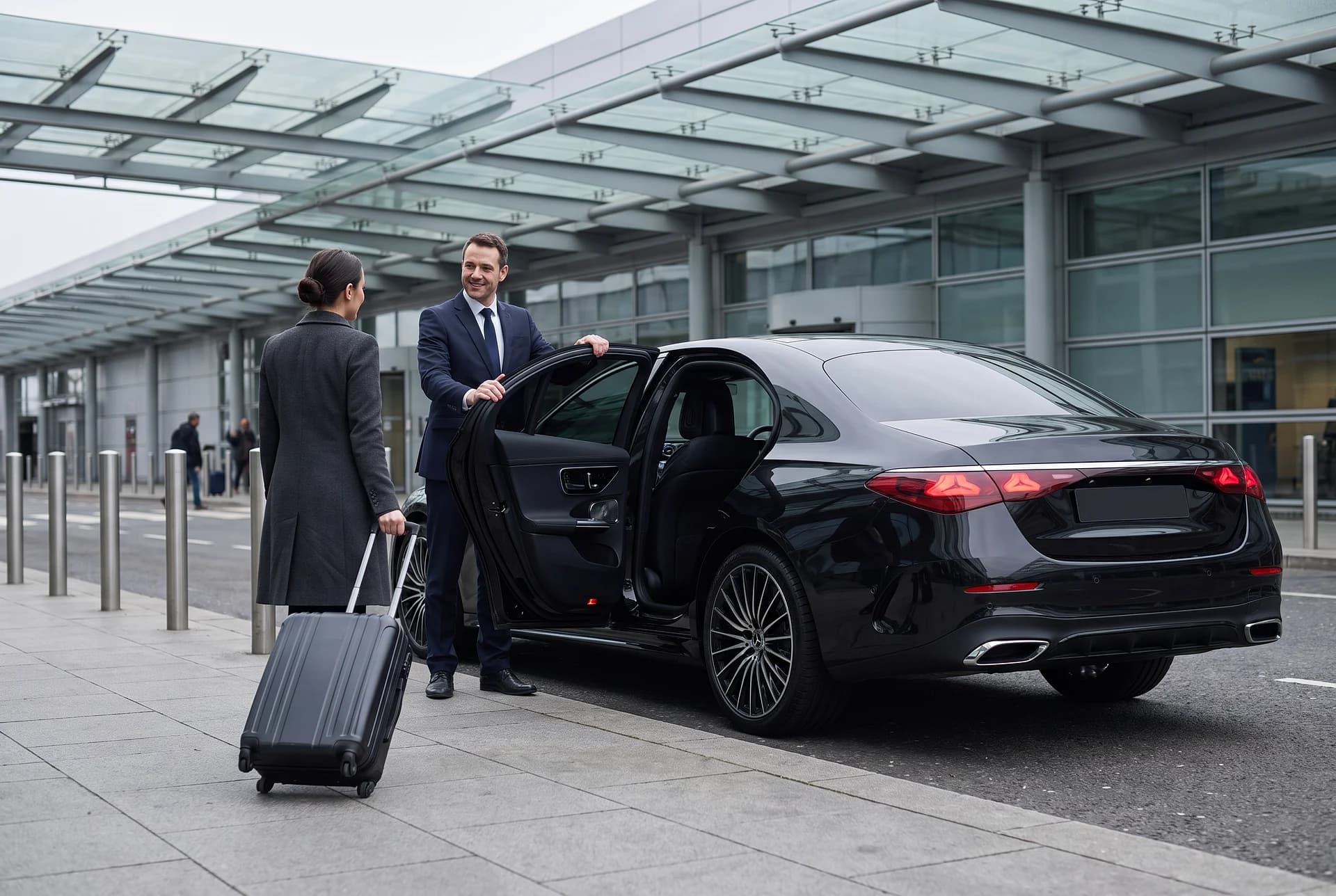 A chauffeur standing behind the open rear door of a black Mercedes E-Class as a traveller with a suitcase arrives at the terminal